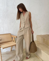 Women's Beige Linen Vest Wide Leg Pants Set