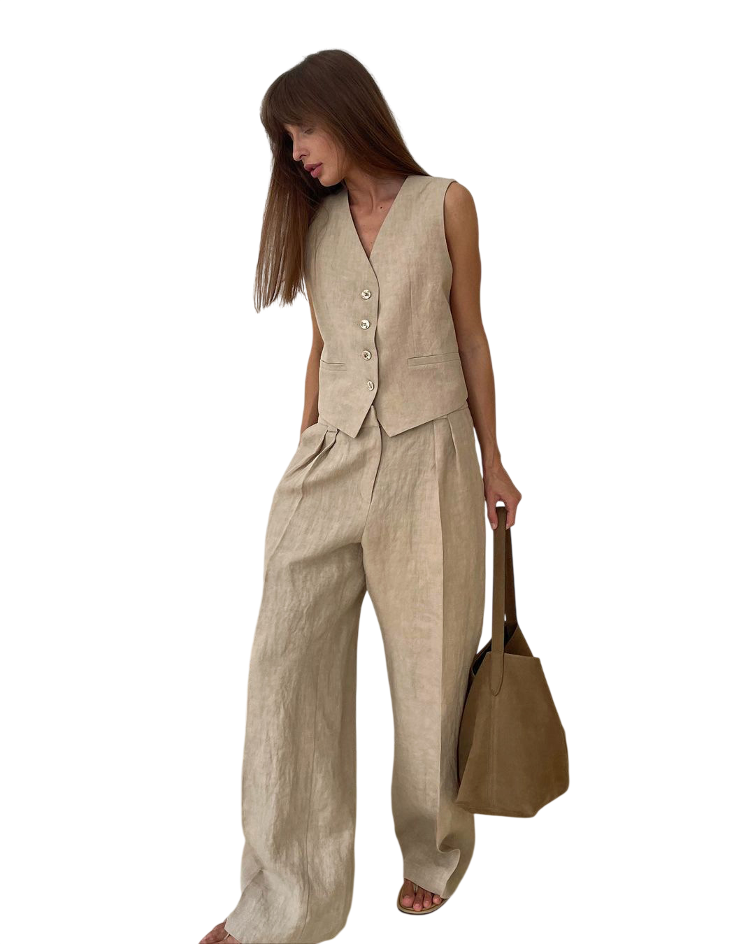 Women's Beige Linen Vest Wide Leg Pants Set
