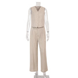 Women's Beige Linen Vest Wide Leg Pants Set