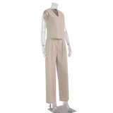 Women's Beige Linen Vest Wide Leg Pants Set