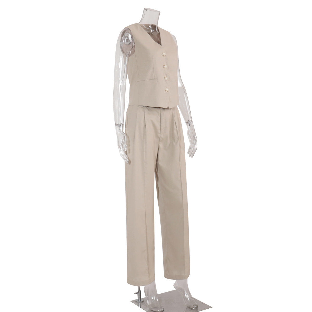 Women's Beige Linen Vest Wide Leg Pants Set