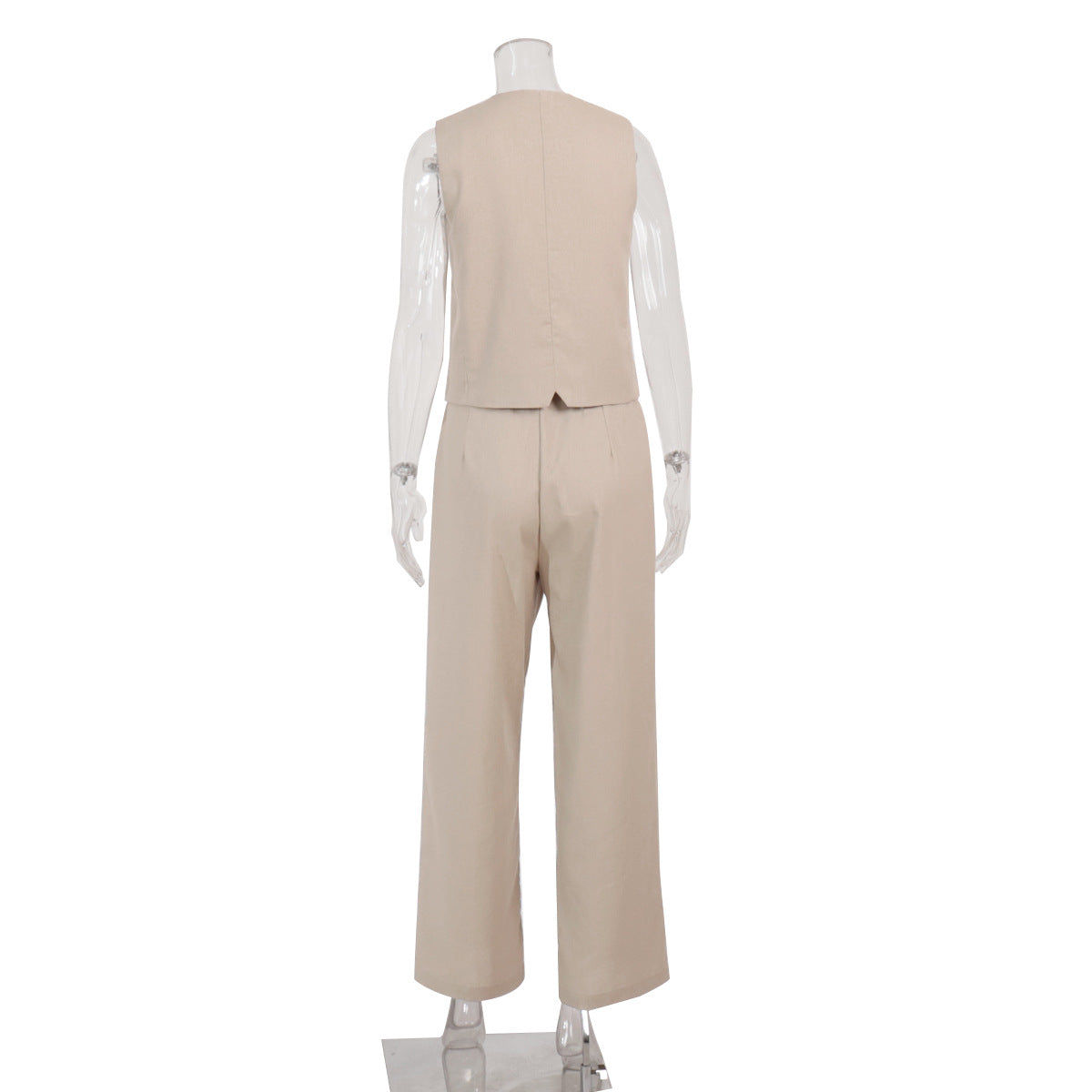 Women's Beige Linen Vest Wide Leg Pants Set