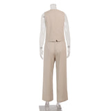 Women's Beige Linen Vest Wide Leg Pants Set