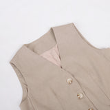 Women's Beige Linen Vest Wide Leg Pants Set