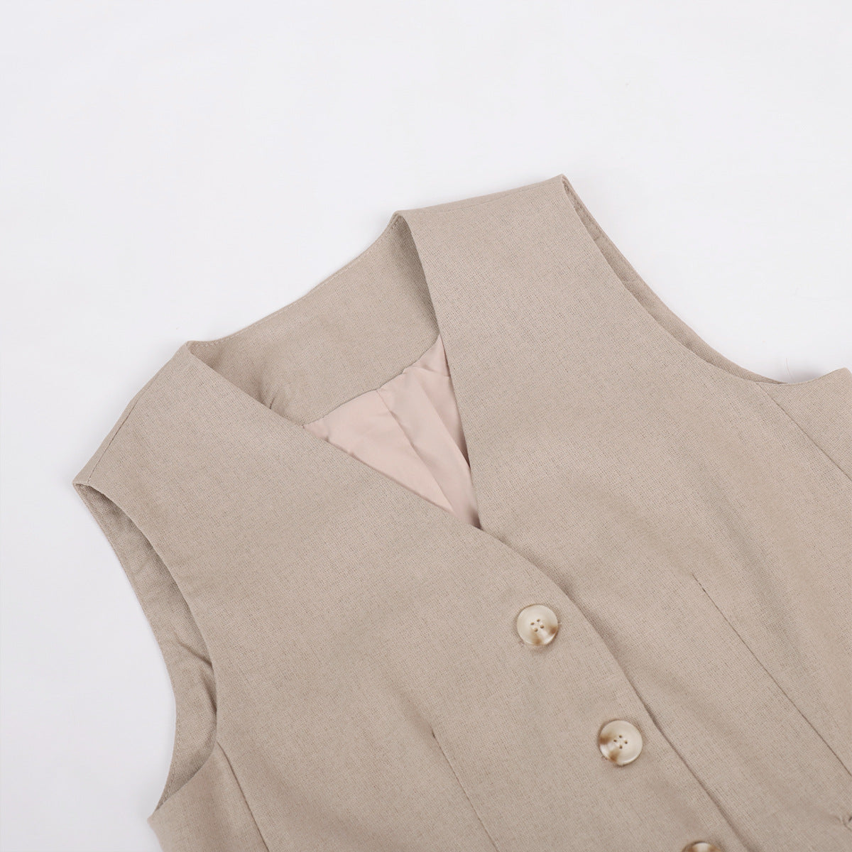 Women's Beige Linen Vest Wide Leg Pants Set