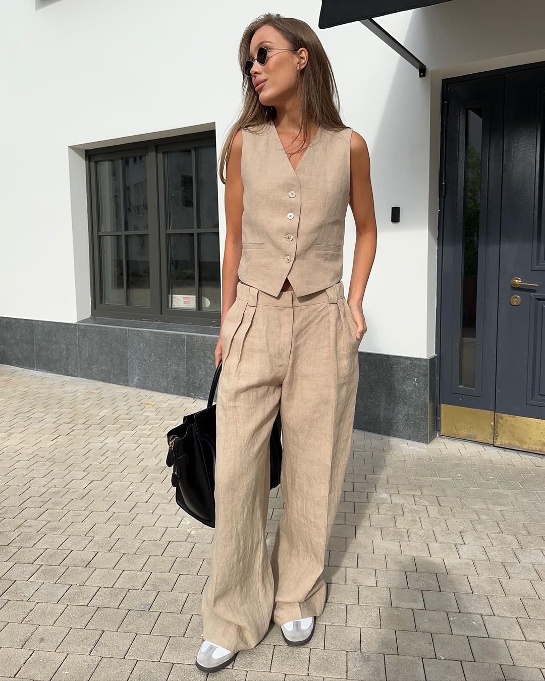 Women's Beige Linen Vest Wide Leg Pants Set