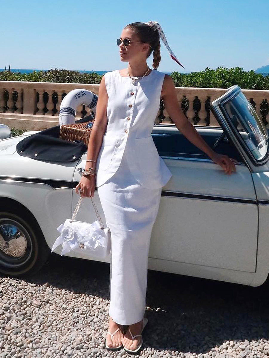 Women's Sleeveless Button Front Maxi Skirt Set