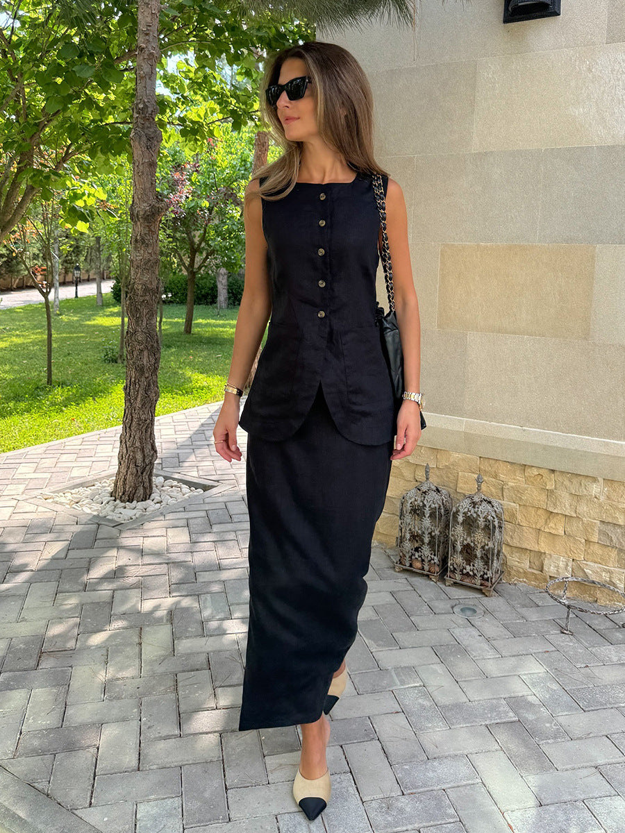 Women's Sleeveless Button Front Maxi Skirt Set