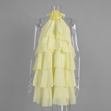 Women's Yellow Halter Ruffle Mini Dress