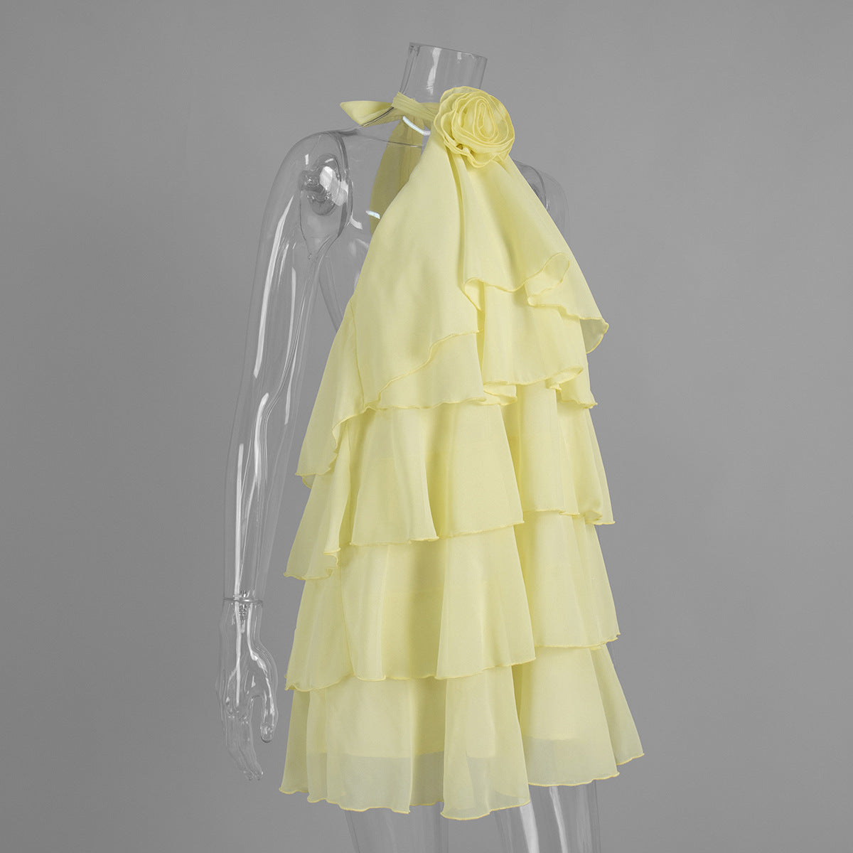 Women's Yellow Halter Ruffle Mini Dress