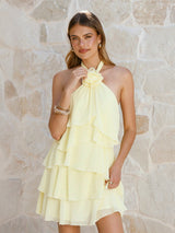 Women's Yellow Halter Ruffle Mini Dress