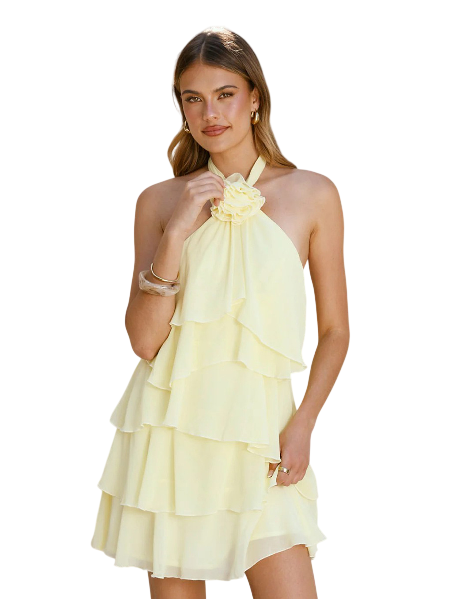 Women's Yellow Halter Ruffle Mini Dress