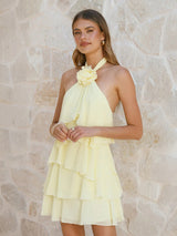 Women's Yellow Halter Ruffle Mini Dress