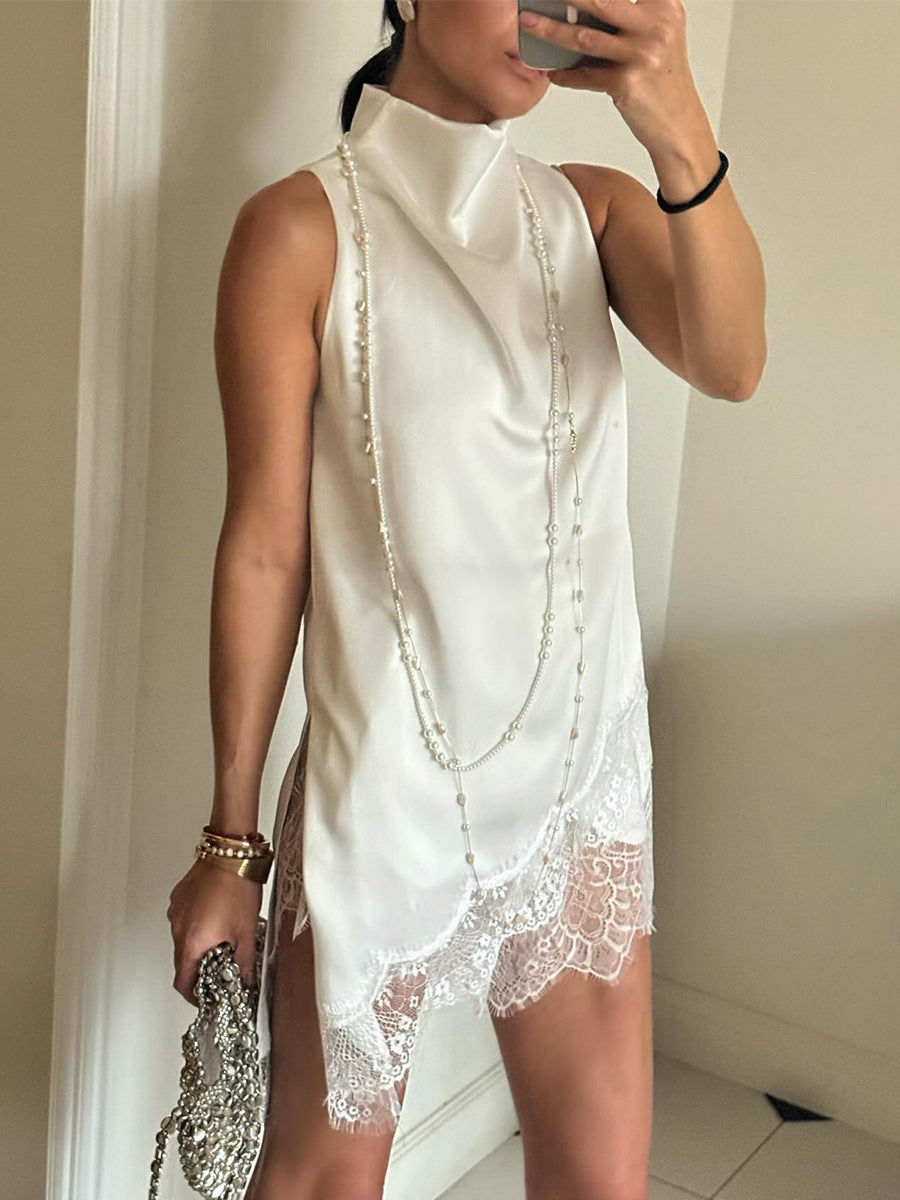 Women's Satin Lace Trim Sleeveless Dress