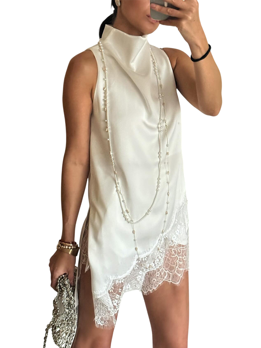 Women's Satin Lace Trim Sleeveless Dress