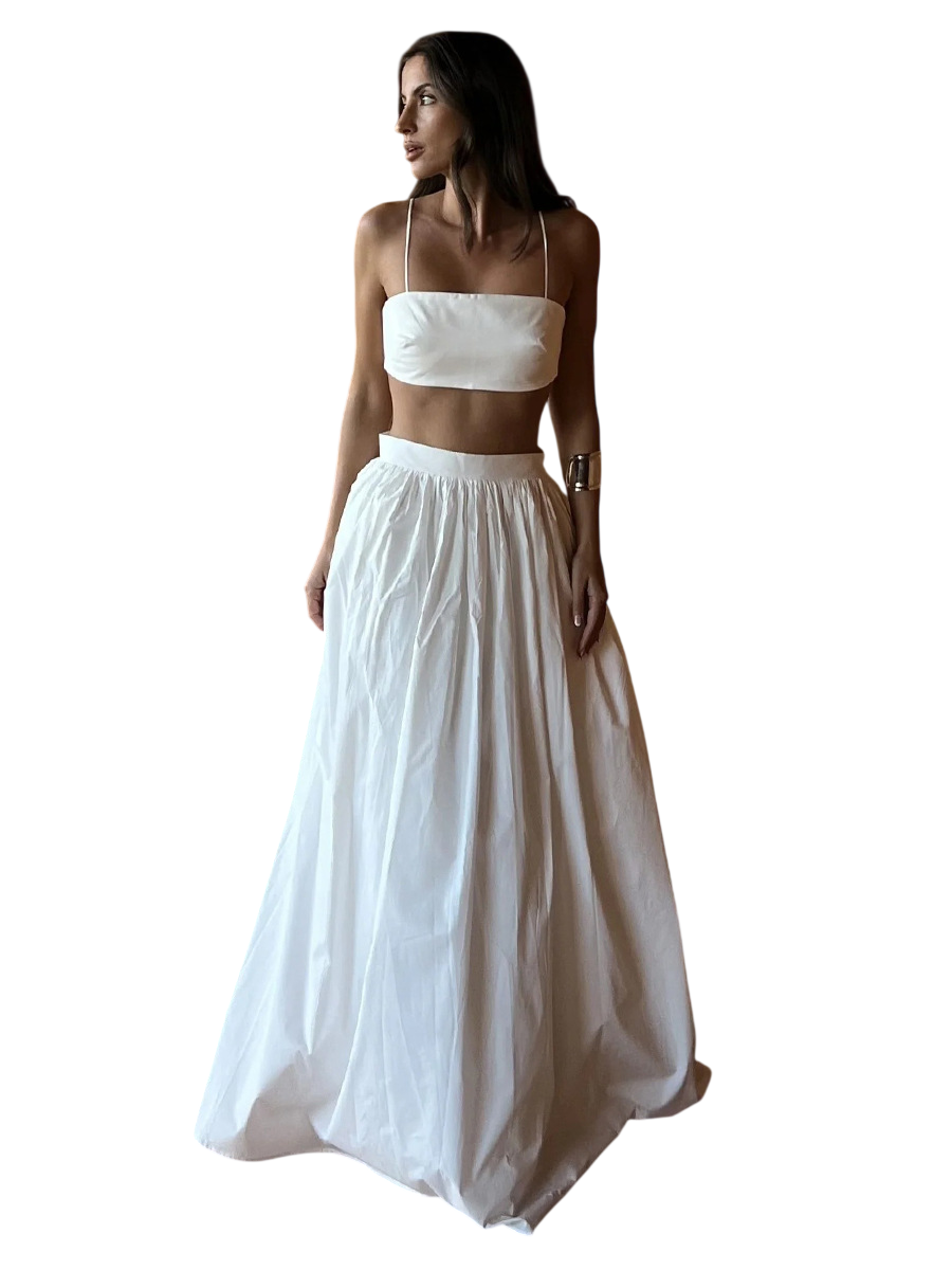 Women's White Crop Top Maxi Skirt Two Piece Set