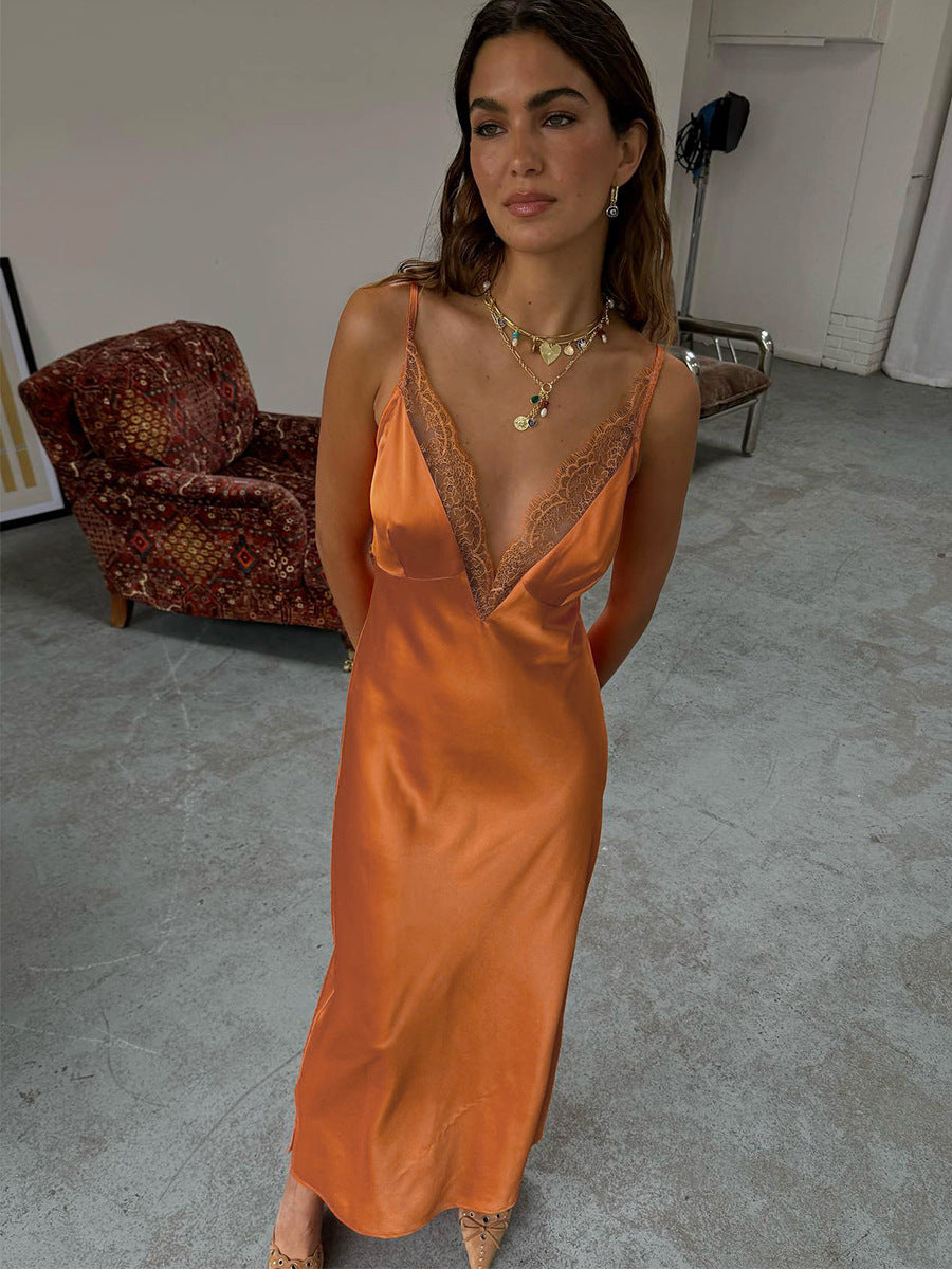 Women's Satin Lace Trim Slip Maxi Dress