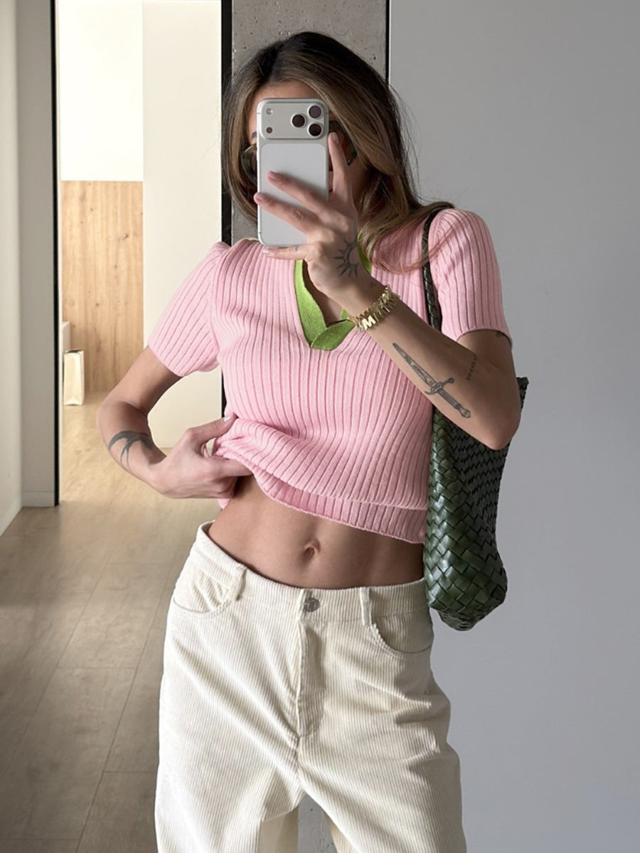 Women's Ribbed Contrast Collar Short Sleeve Top