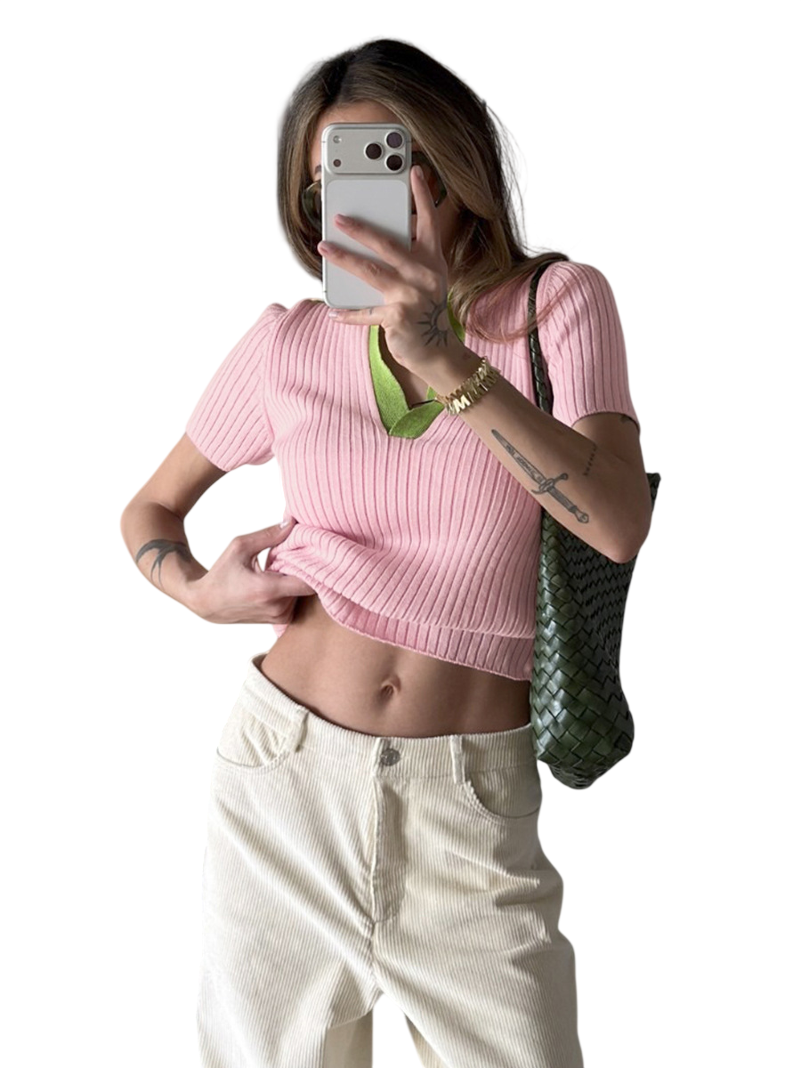 Women's Ribbed Contrast Collar Short Sleeve Top