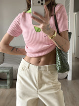 Women's Ribbed Contrast Collar Short Sleeve Top