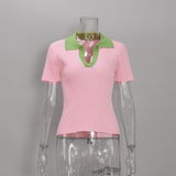 Women's Ribbed Contrast Collar Short Sleeve Top