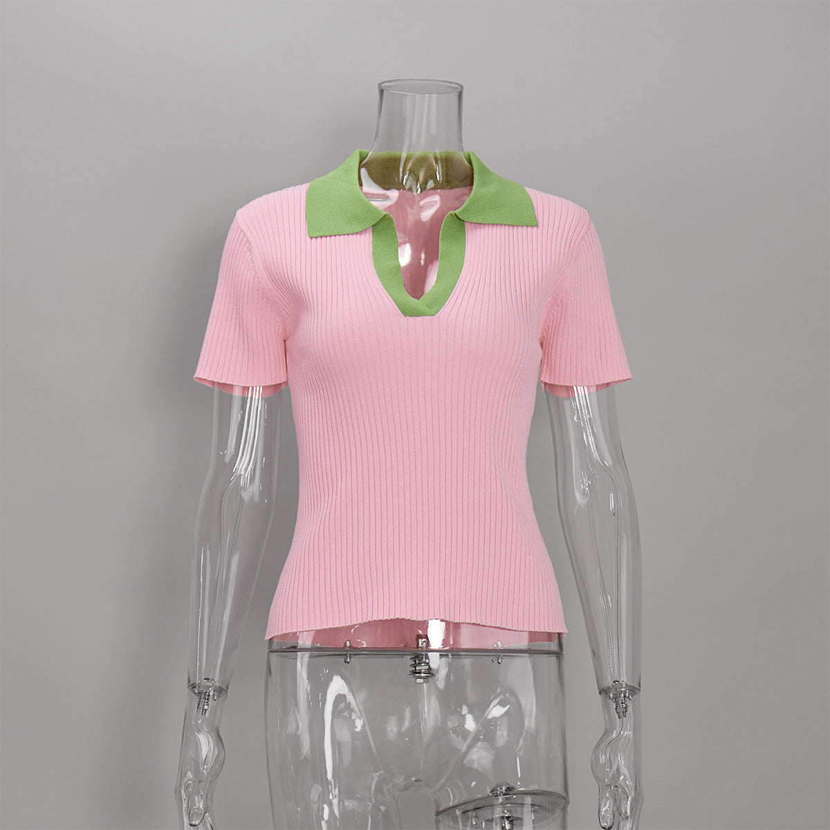 Women's Ribbed Contrast Collar Short Sleeve Top