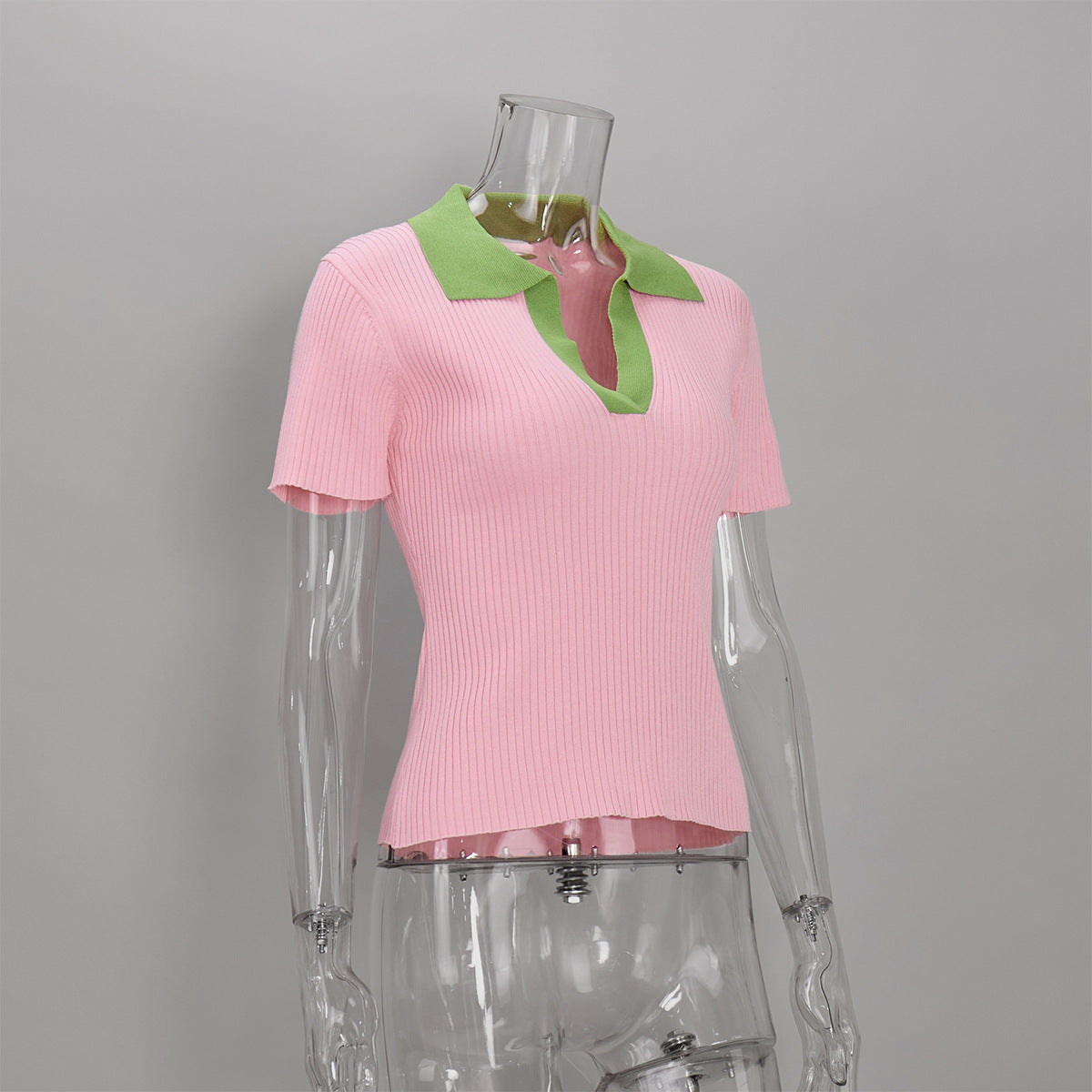 Women's Ribbed Contrast Collar Short Sleeve Top