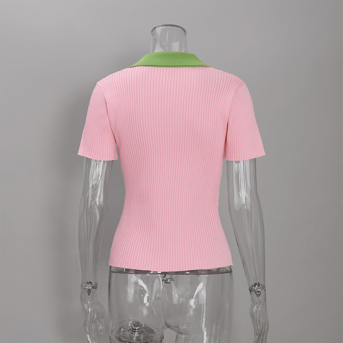Women's Ribbed Contrast Collar Short Sleeve Top