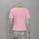 Women's Ribbed Contrast Collar Short Sleeve Top