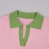 Women's Ribbed Contrast Collar Short Sleeve Top
