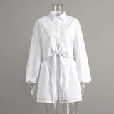 Women's Button Front Tie Waist Shirt Shorts Set