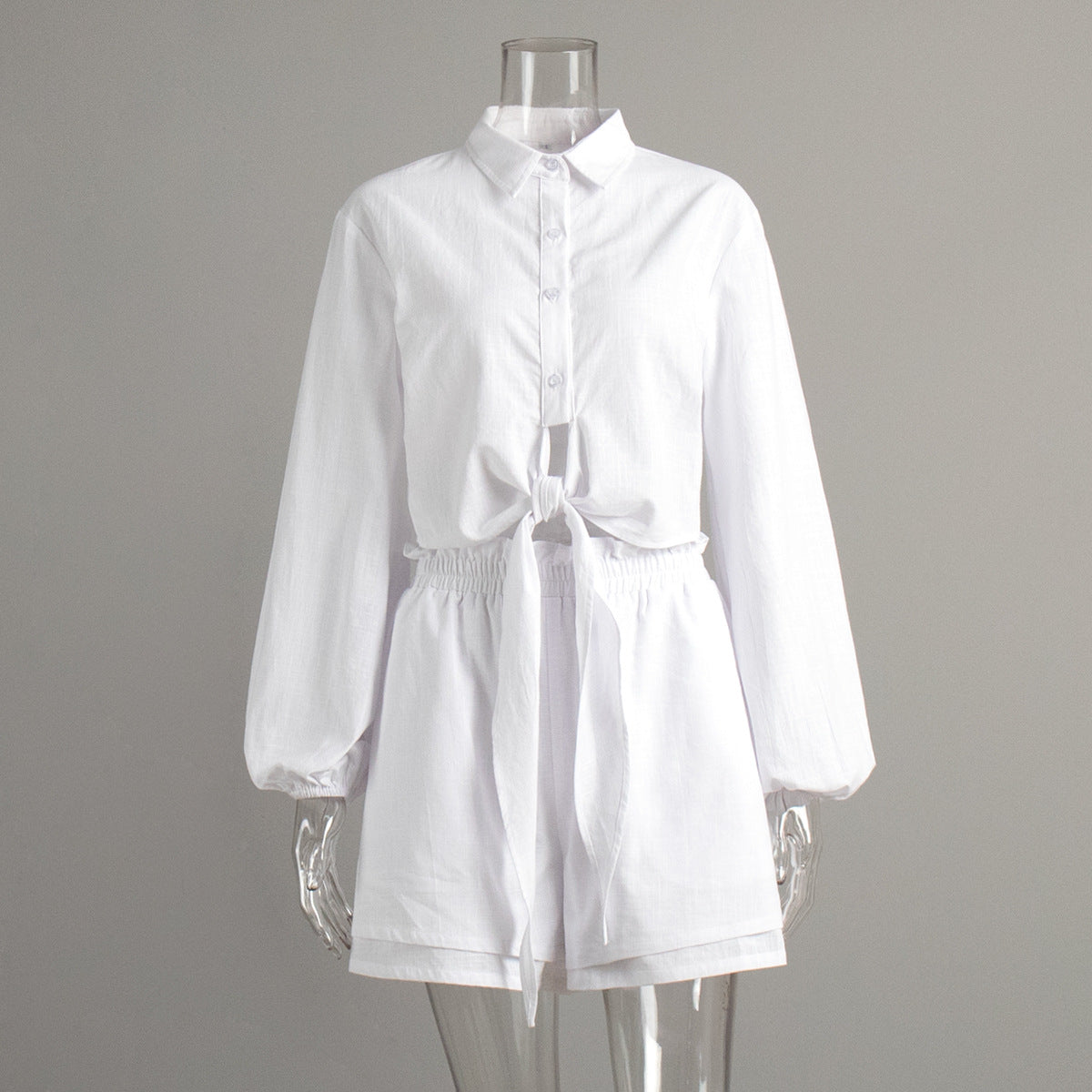 Women's Button Front Tie Waist Shirt Shorts Set