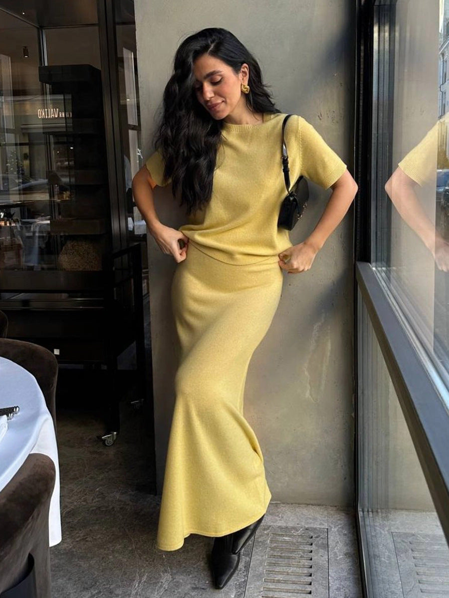 Women's Short Sleeve Knit Top Maxi Skirt Set