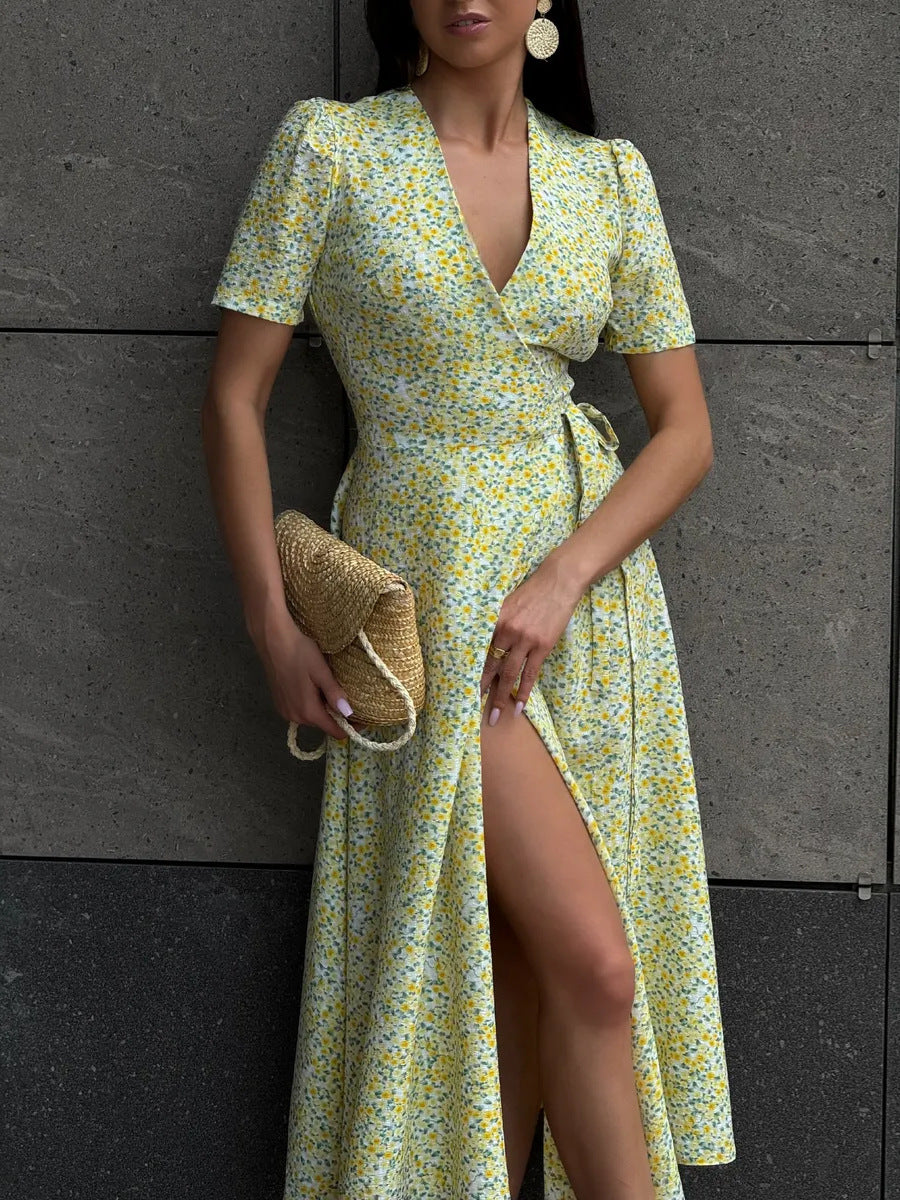 Women's Floral Wrap V Neck Midi Dress