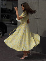 Women's Floral Wrap V Neck Midi Dress
