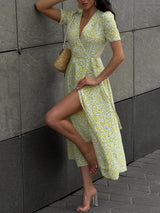 Women's Floral Wrap V Neck Midi Dress