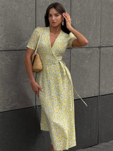 Women's Floral Wrap V Neck Midi Dress