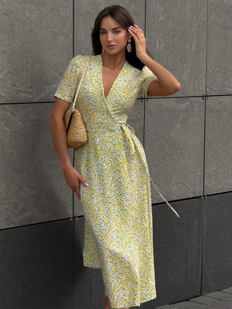 Women's Floral Wrap V Neck Midi Dress