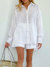 Women's Striped Button Front Shirt & Shorts Set