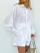 Women's Striped Button Front Shirt & Shorts Set