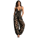 Women's Printed Tie Front Wide Leg Jumpsuit