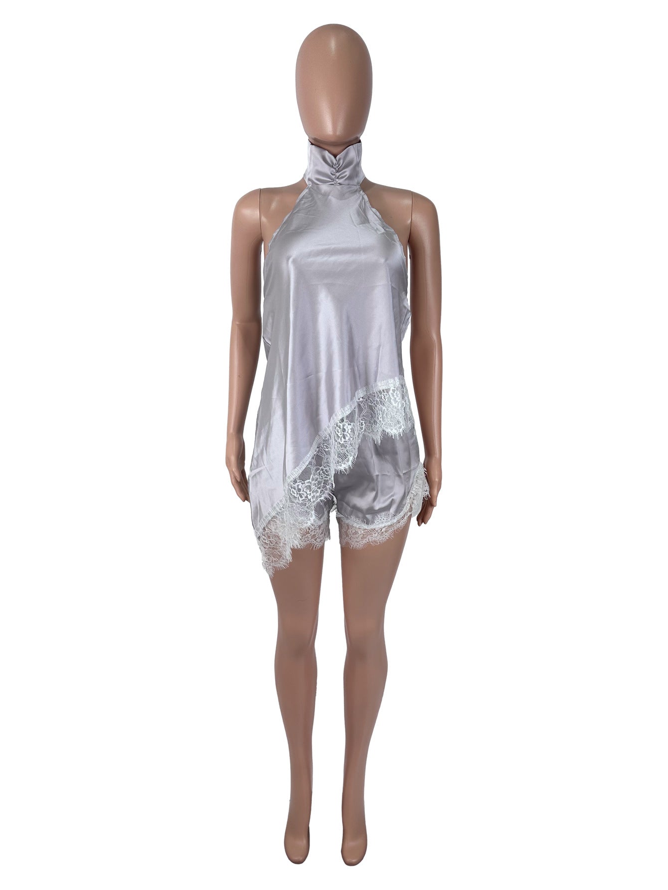 Women's Satin Halter Top and Lace Shorts Set