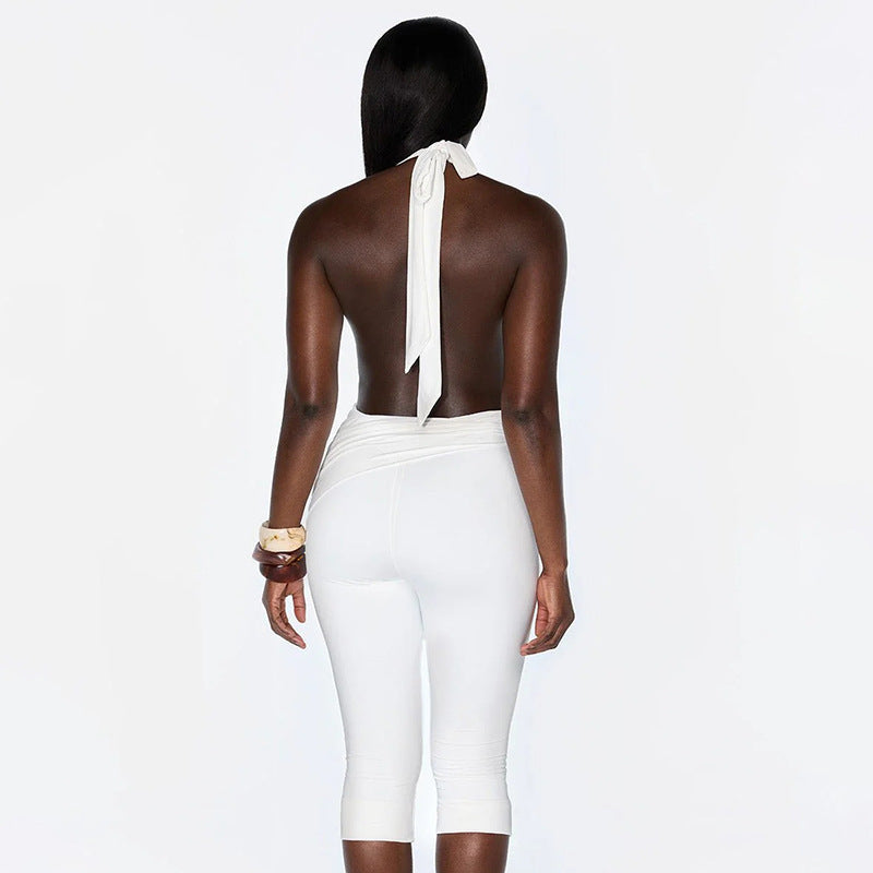 Women's Halter Neck Ruched Capri Romper