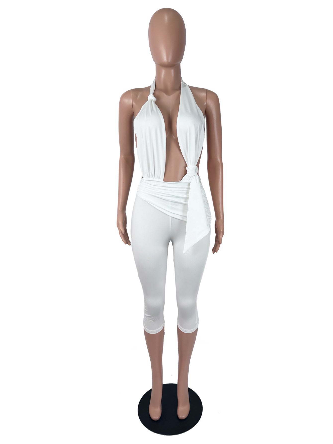 Women's Halter Neck Ruched Capri Romper