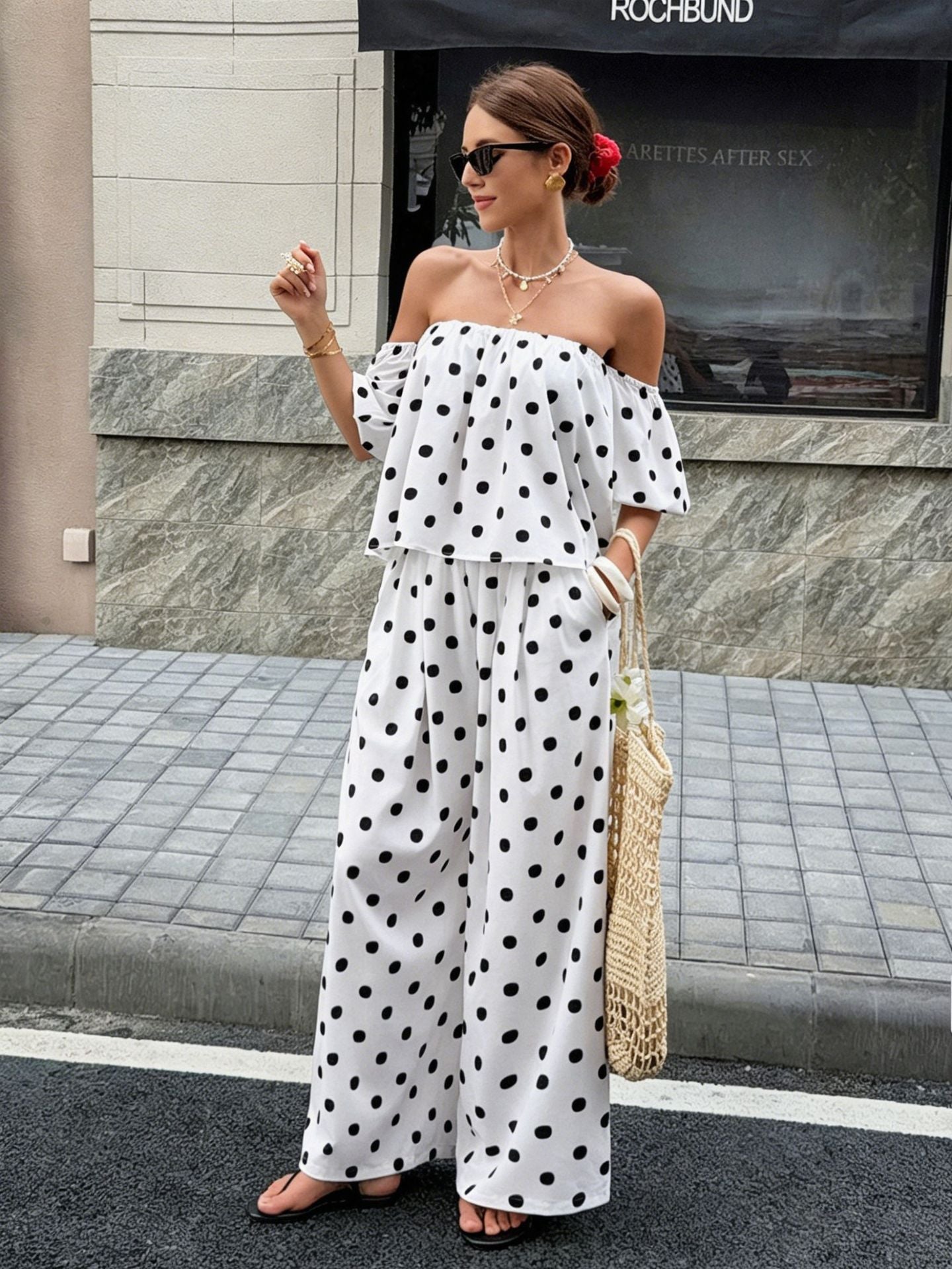 Women's Polka Dot Off Shoulder Pants Set