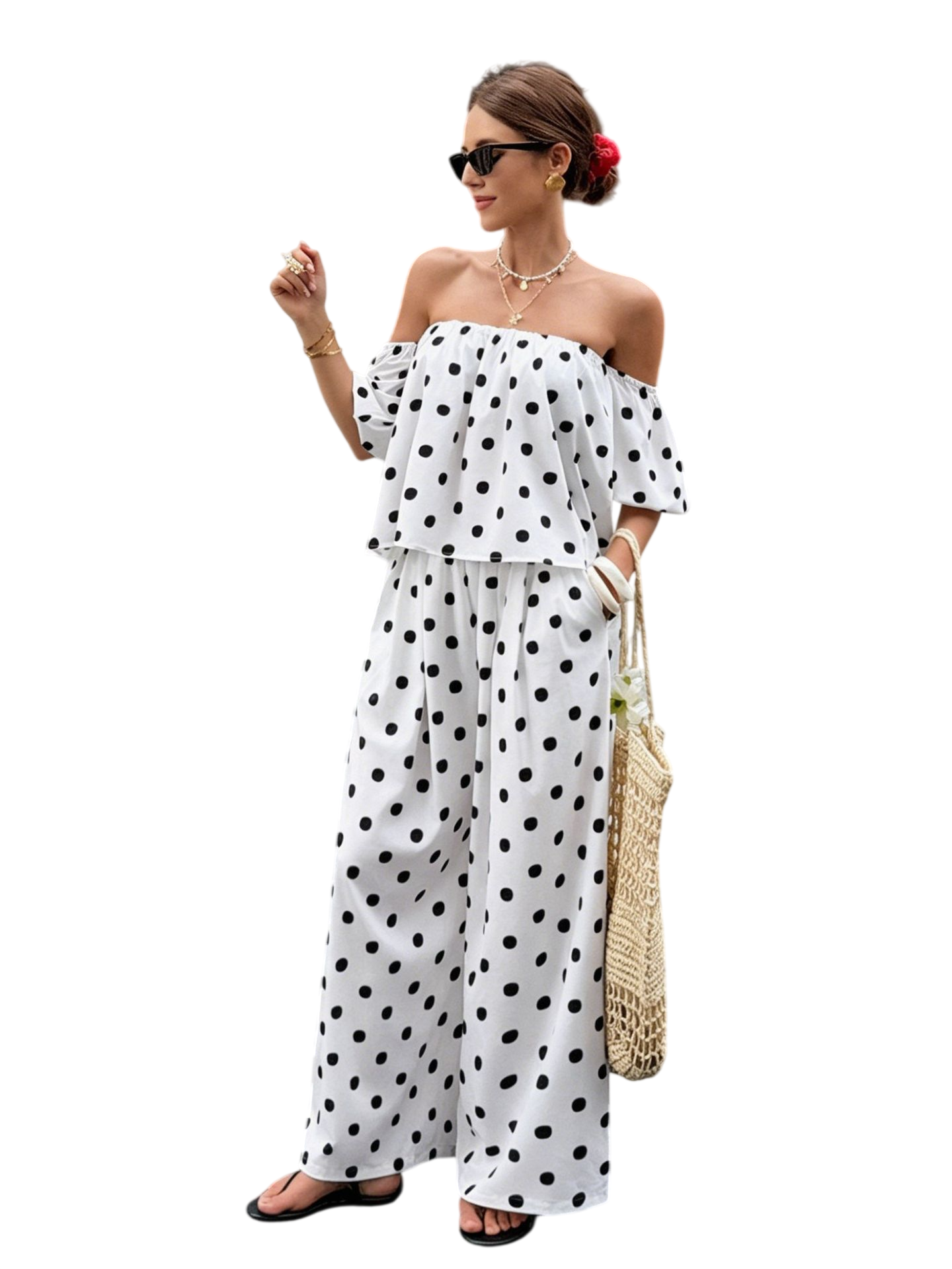Women's Polka Dot Off Shoulder Pants Set
