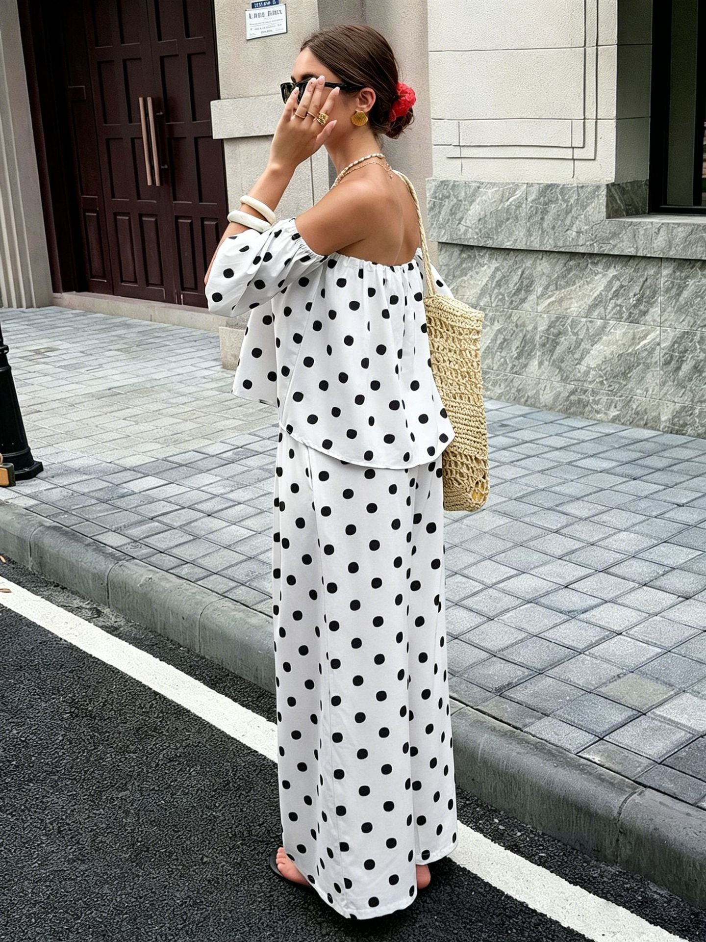 Women's Polka Dot Off Shoulder Pants Set