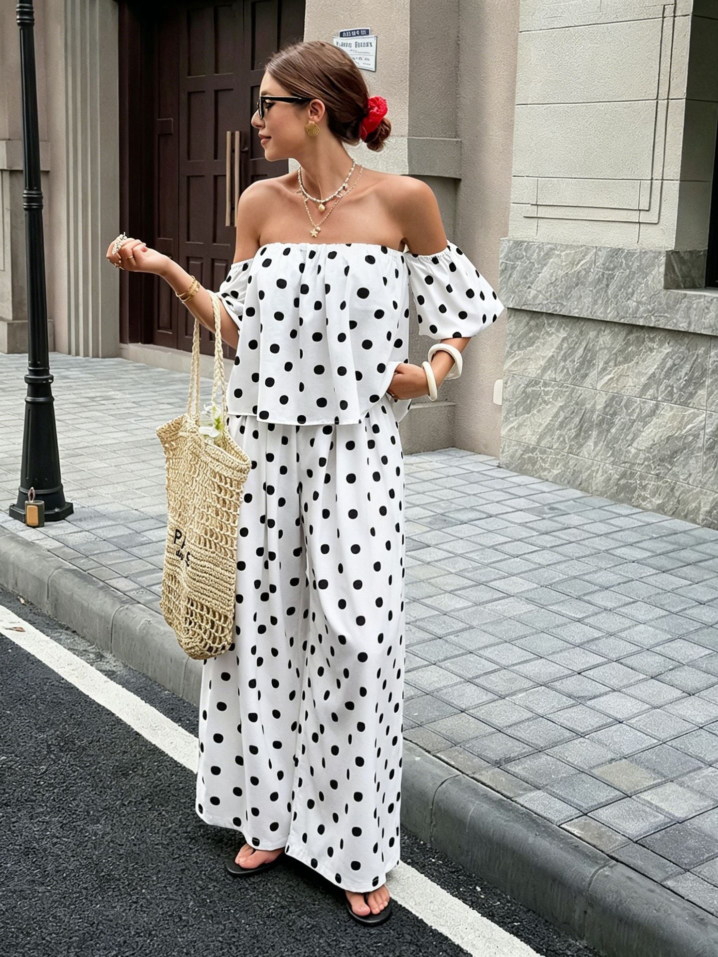 Women's Polka Dot Off Shoulder Pants Set