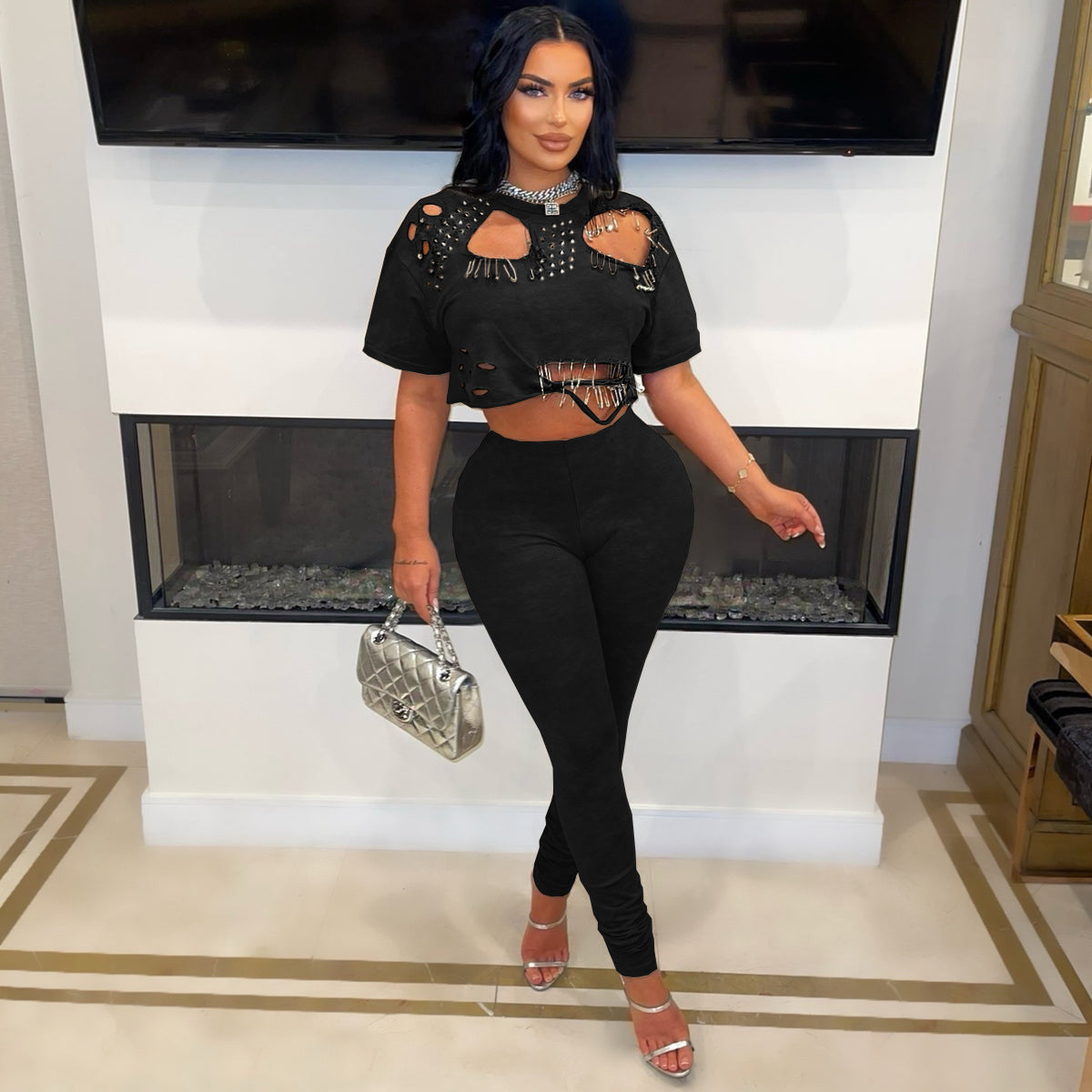 Women's Distressed Crop Top Pants Set