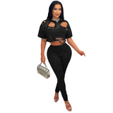 Women's Distressed Crop Top Pants Set